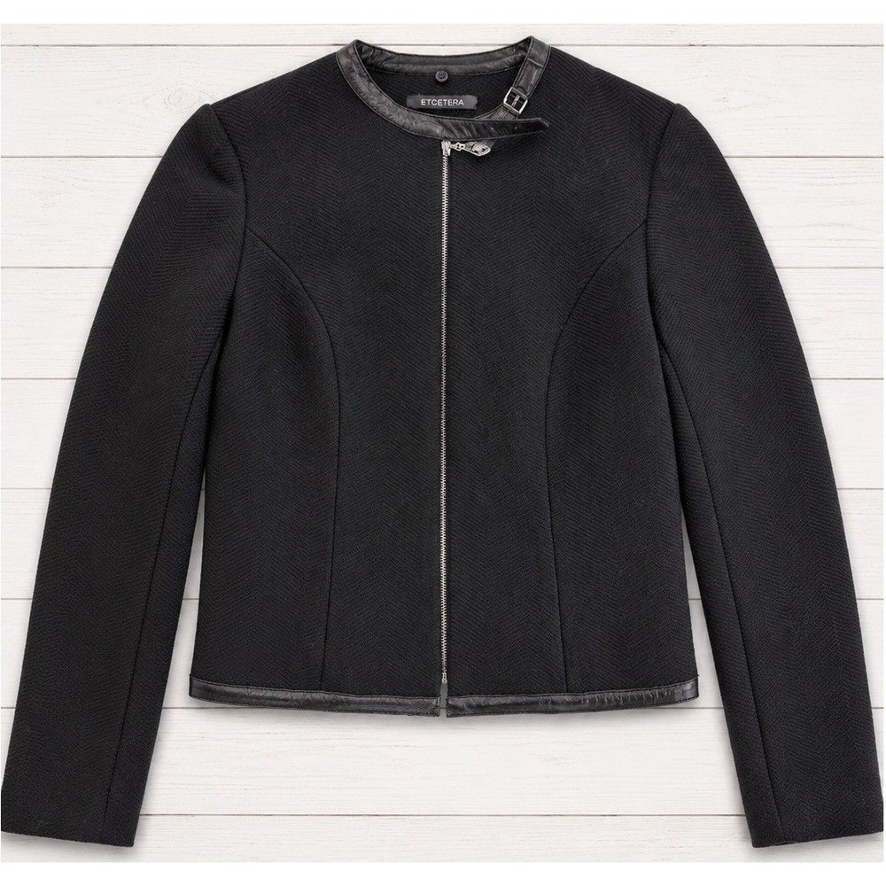 Etcetera Wool Cashmere Blend Moto Jacket Leather Trim Black Herringbone Size 6